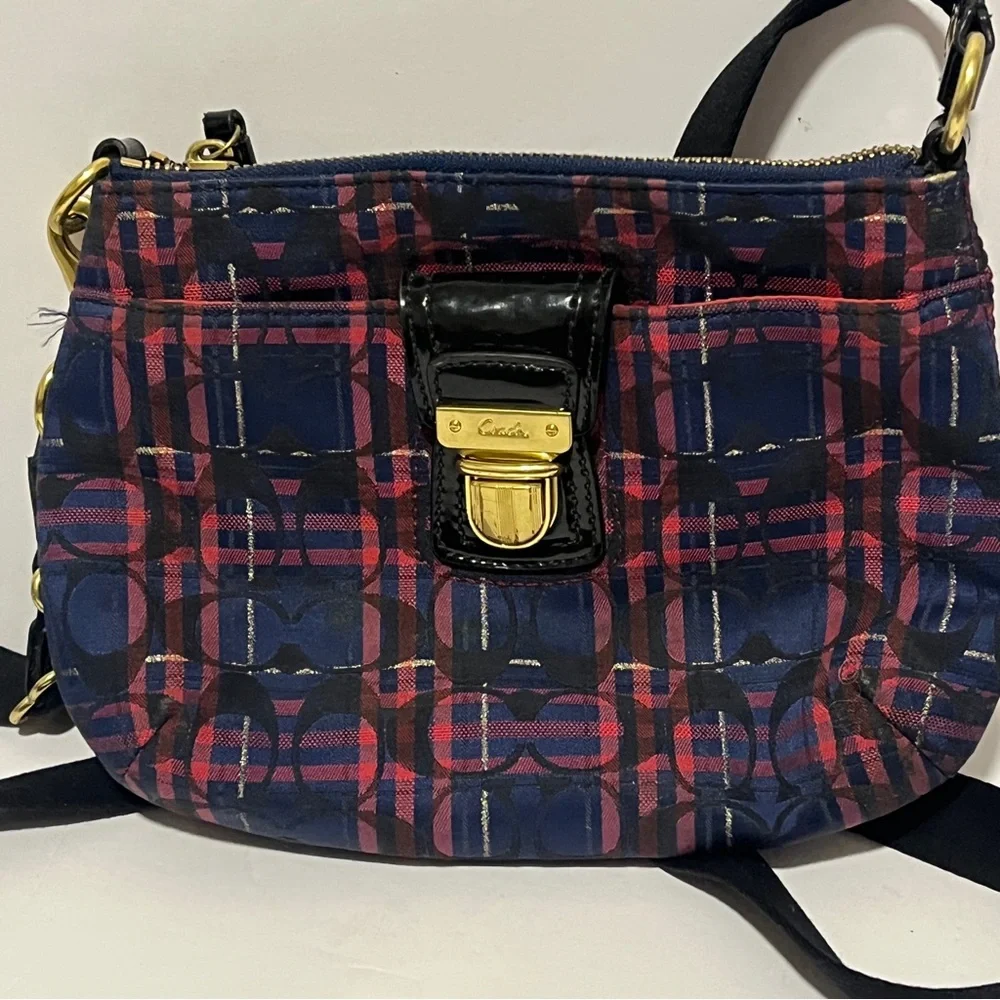 Coach Signature Blue Red Tartan Plaid Crossbody Handbag Purse